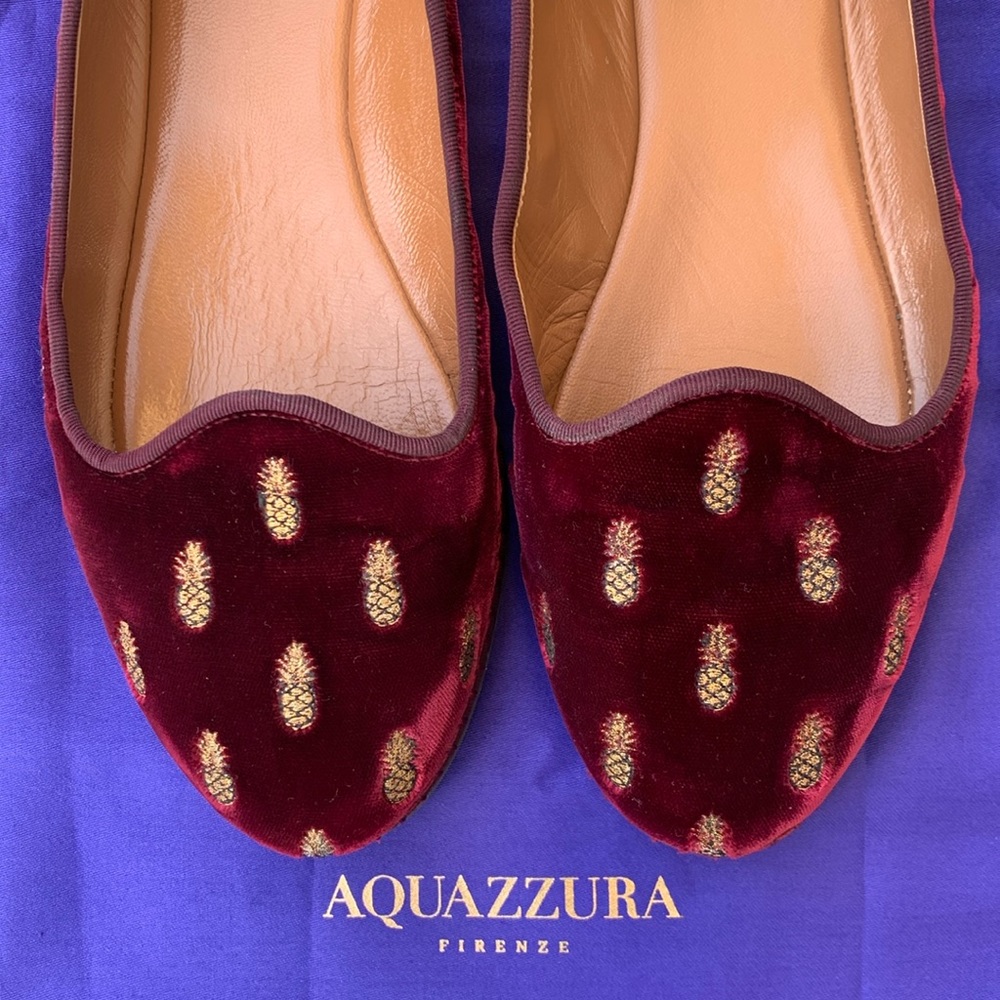 Aquazzura Maroon Velvet Embroidered Golden Pineapple Print Slip-On Ballet Flats - Picture 6 of 15